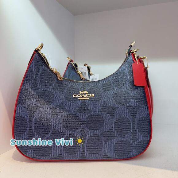 NWT Coach Teri Hobo Bag In Signature Canvas CAL52 Denim/Bold Red - Picture 1 of 10